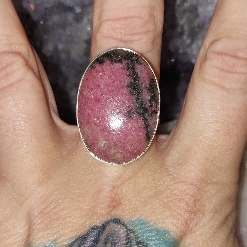 Large Rhodonite Oval Ring 925 Silver